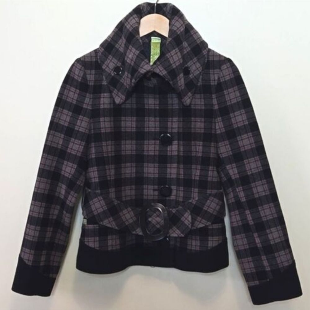 Soia & Kyo Wool Blend black Tan Plaid‎ Belted Jacket Rachel Friends